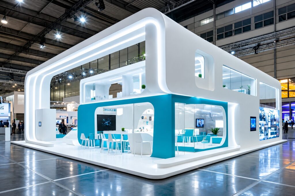 Blue and white exhibition stands for an event